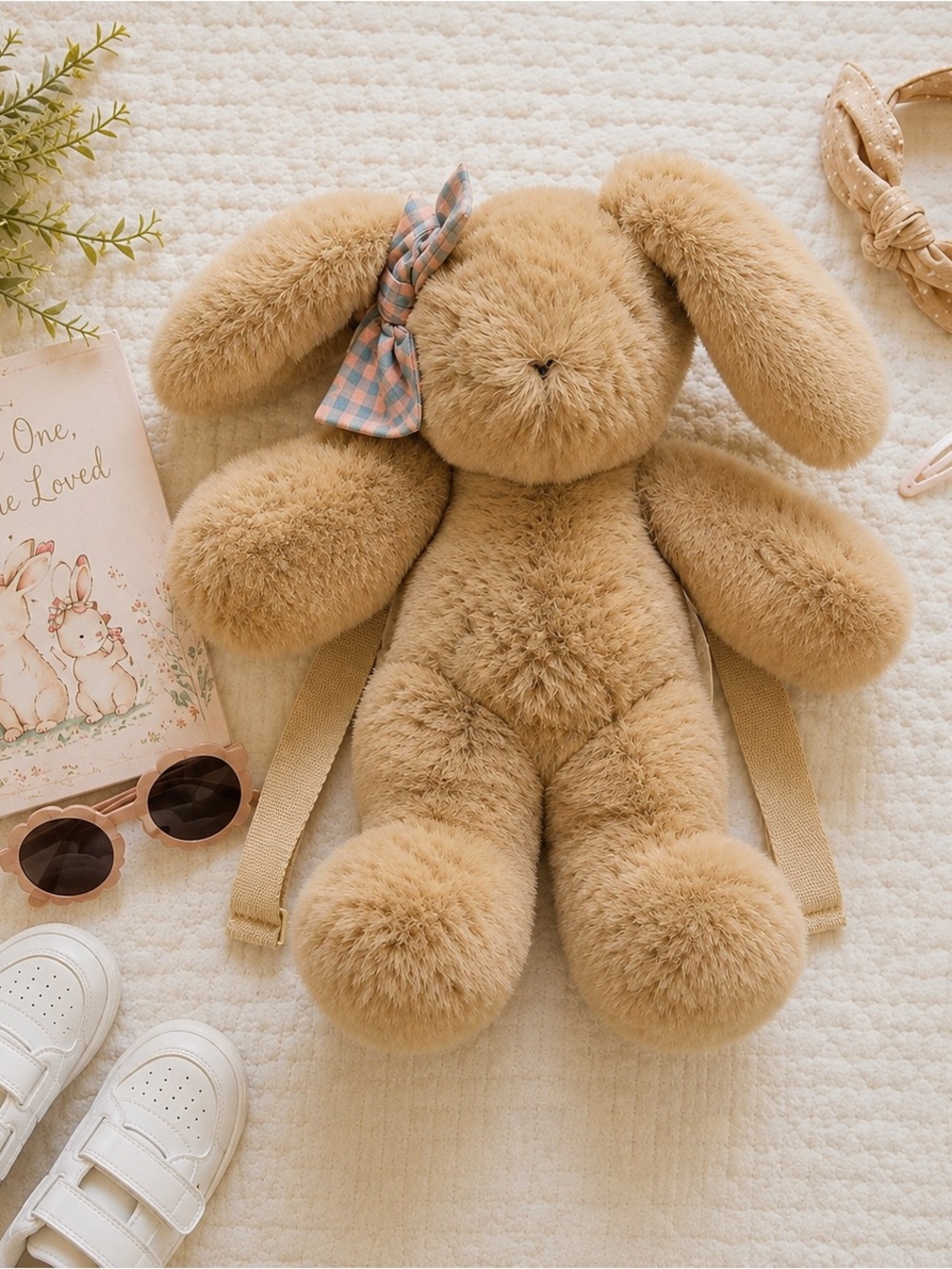 Zara Kids Plush Bunny Rabbit Backpack Beige Plaid Bow Back Zip